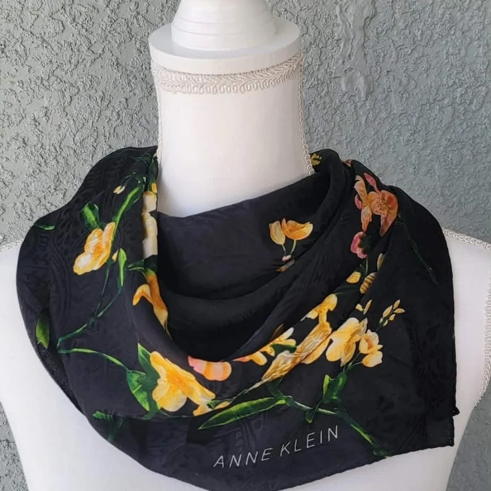 Vintage Anne Klein Black Scarf with Yellow and Pink Floral Design